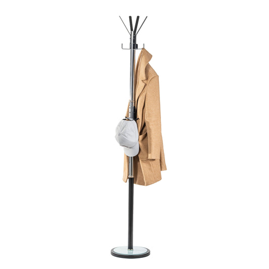 Chrome Plated Coat Rack – Freestanding Hat & Coat Stand with Black Powder Coated Steel Hooks and Tempered Glass Base. HAOG Home and Office Goods - HAOG